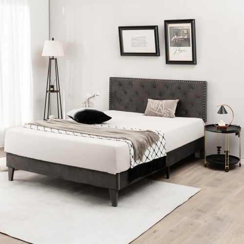 Costway Queen Bed Frame Upholstered Platform Bed with Tufted Headboard Mattress Foundation