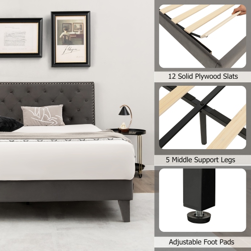 Costway Queen Bed Frame Upholstered Platform Bed with Tufted Headboard Mattress Foundation