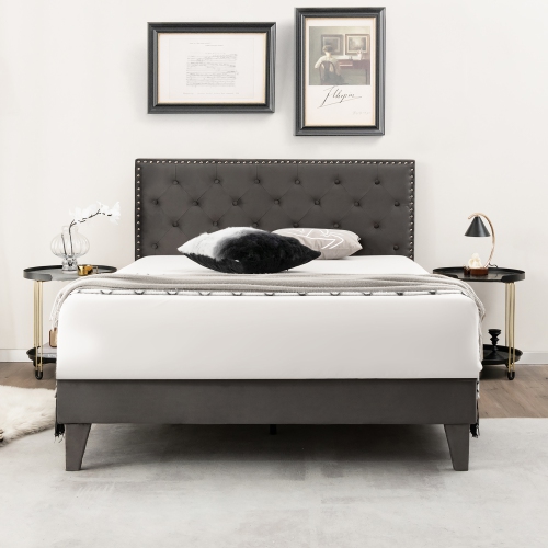 Costway Full/Queen Bed Frame Upholstered Platform Bed with Tufted Headboard Mattress Foundation