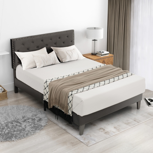 Costway Full/Queen Bed Frame Upholstered Platform Bed with Tufted Headboard Mattress Foundation