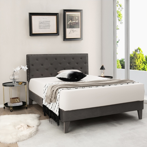 Costway Full/Queen Bed Frame Upholstered Platform Bed with Tufted Headboard Mattress Foundation