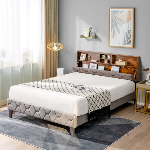 Costway Full/Queen Bed Frame Upholstered Platform Mattress Foundation with Storage Headboard