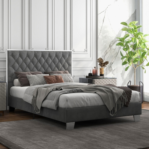 Costway Full/Queen Upholstered Bed Mattress Foundation with Button Tufted Velvet Headboard