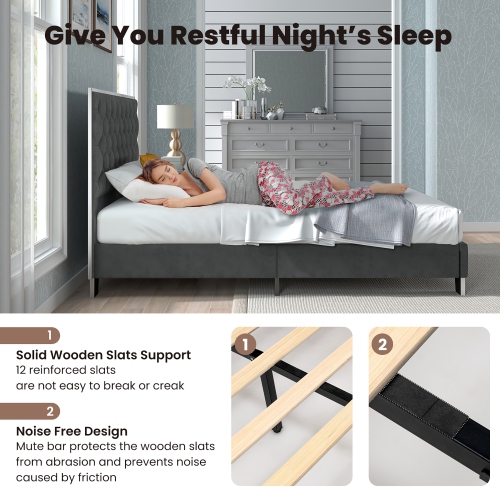 Costway Full/Queen Upholstered Bed Mattress Foundation with Button Tufted Velvet Headboard