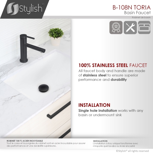 OPEN BOX A - Single Handle Modern Bathroom Basin Sink Faucet, Stainless Steel Matte Black Finish, B-108N