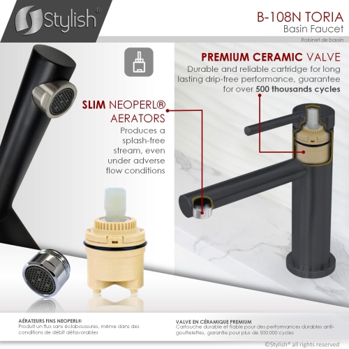 OPEN BOX A - Single Handle Modern Bathroom Basin Sink Faucet, Stainless Steel Matte Black Finish, B-108N