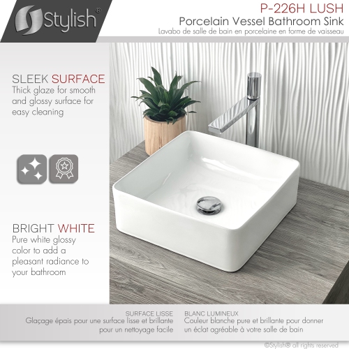 A - 14" White Square Vessel Porcelain Bathroom Sink P-226H by STYLISH - Open Box condition - Image 3