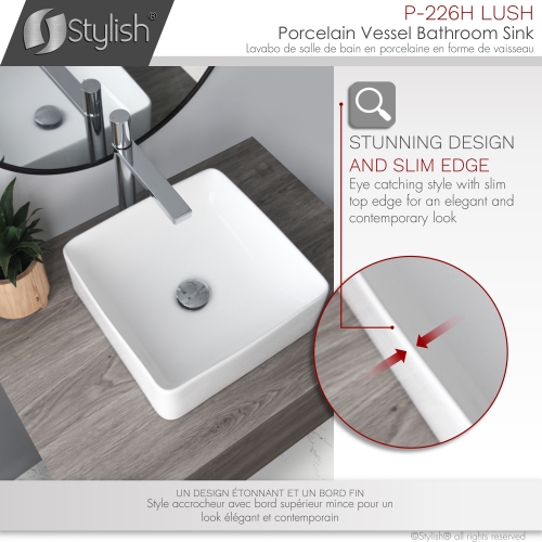A - 14" White Square Vessel Porcelain Bathroom Sink P-226H by STYLISH - Open Box condition - Image 6