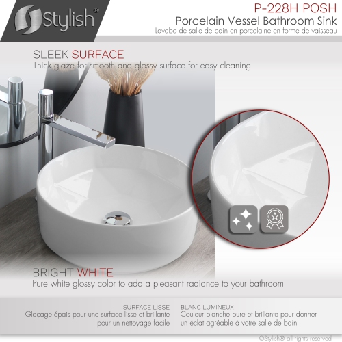 A - 16" White Round Vessel Porcelain Bathroom Sink P-228H by STYLISH - Open Box condition - Image 3