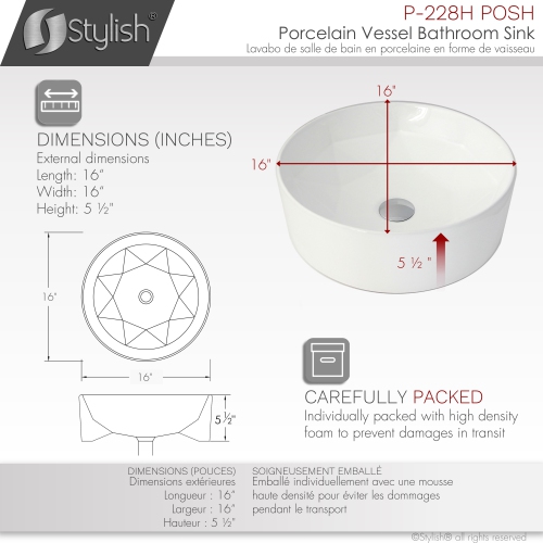 A - 16" White Round Vessel Porcelain Bathroom Sink P-228H by STYLISH - Open Box condition - Image 4