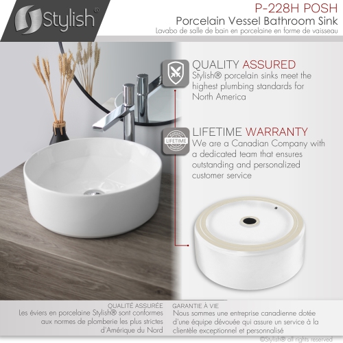 A - 16" White Round Vessel Porcelain Bathroom Sink P-228H by STYLISH - Open Box condition - Image 5