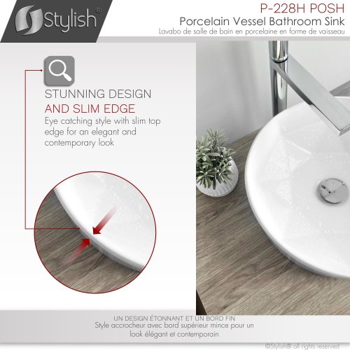 A - 16" White Round Vessel Porcelain Bathroom Sink P-228H by STYLISH - Open Box condition - Image 6