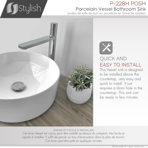 A - 16" White Round Vessel Porcelain Bathroom Sink P-228H by STYLISH - Open Box condition - Image 7