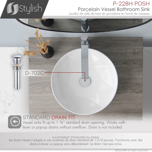 A - 16" White Round Vessel Porcelain Bathroom Sink P-228H by STYLISH - Open Box condition - Image 8