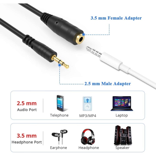 Câble adaptateur audio stéréo mâle de 2,5 mm à 3,5 mm femelle pour écouteurs