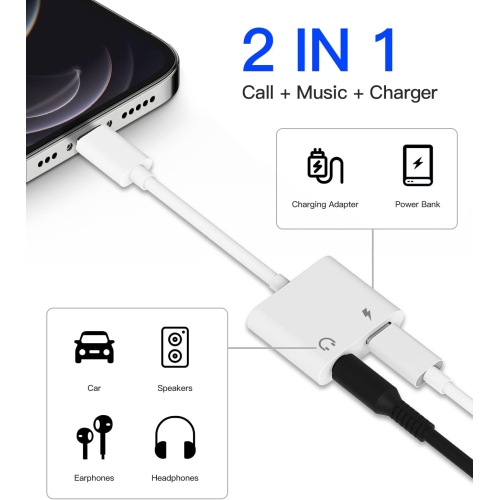 Iphone AUX Adapter for Headphone Jack Cable(2pack)2 in 1 Lightning to 3.5mm Splitter Dongle Charger Audio Cord