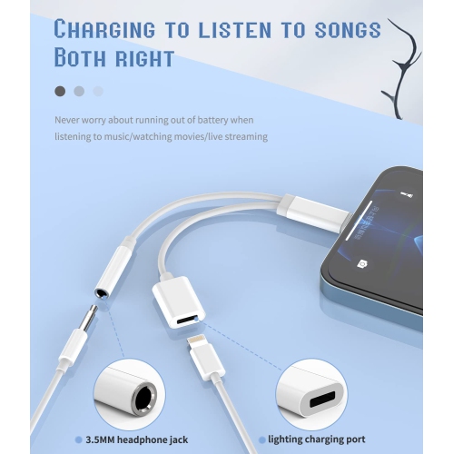 Iphone AUX Adapter for Headphone Jack Cable Lightning to 3.5mm Splitter Apple Dongle Charger Cord MFI Certified Audio(2