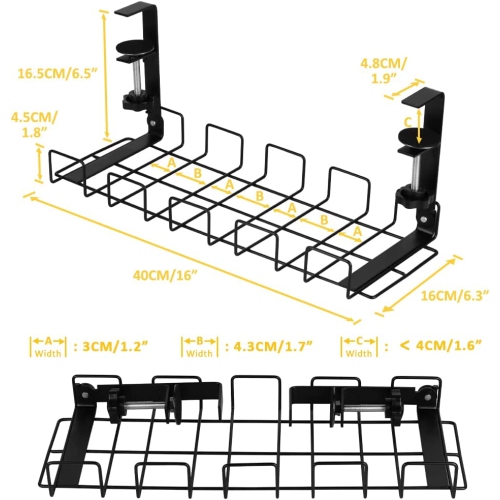 Under Desk Cable Management Tray 2 Packs, 40cm Upgraded Under Desk Cord Organizer for Wire Management Metal Wire Cable