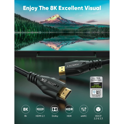 Certified 8k HDMI Cable 6.6FT/2m, HDMI 2.1 48gbps High Speed Hdmi Braided Cord Audio & Video High Speed Cable-4k@120hz