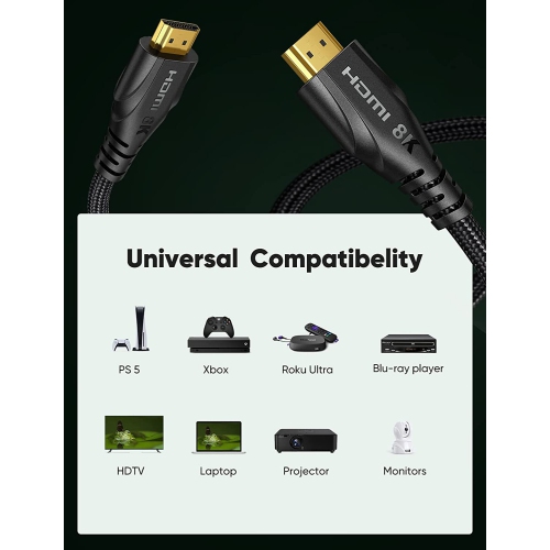Certified 8k HDMI Cable 6.6FT/2m, HDMI 2.1 48gbps High Speed Hdmi Braided Cord Audio & Video High Speed Cable-4k@120hz
