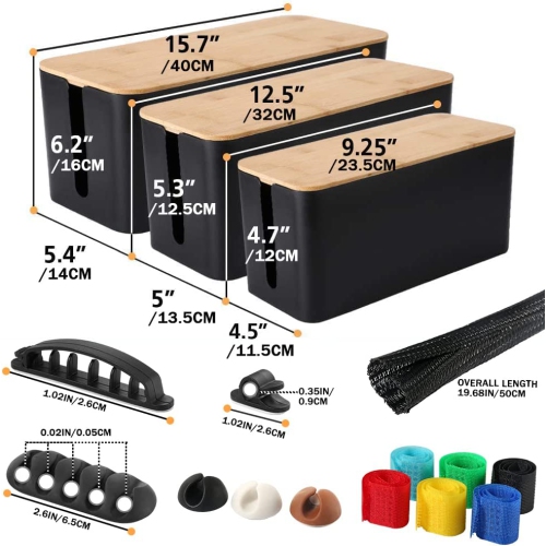 Cable Management Box Organizer Set, 3 Pack Bamboo Style Cable Concealer Box with 23 PCS Wire Organized Clip Accessories