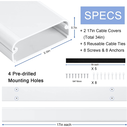 Cable Covers for Wall Mount TV -34in Wall Cable Management Raceway, Large TV Cord Hider - Paintable TV Cord Cover