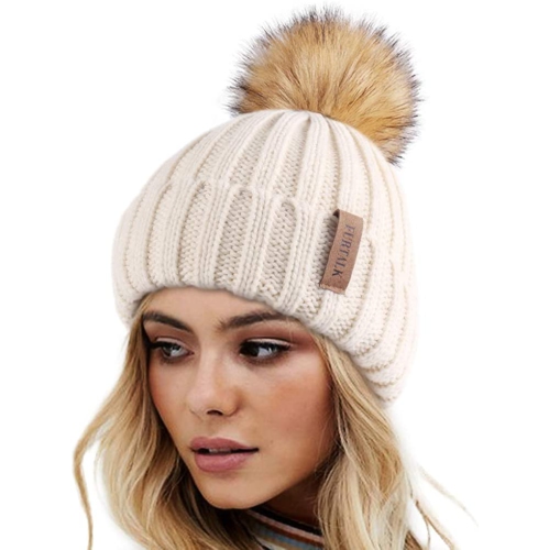 Tuque tricot d'hiver pour femmes avec revers en similifourrure molletonné pour femmes