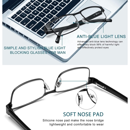 Paquet de 3 paires de lunettes de lecture pour ordinateur à cadre carré anti-fatigue anti-lumière bleue pour hommes