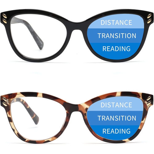 2 Pack Progressive Multifocus Reading Glasses for Women, Cat Eye Blue Light Blocking Readers, Black & Trotoise