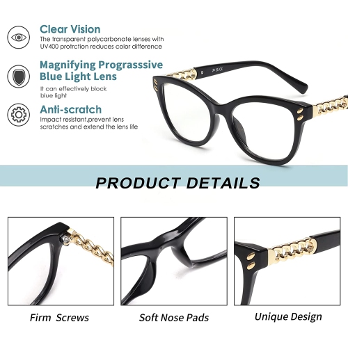 2 Pack Progressive Multifocus Reading Glasses for Women, Cat Eye Blue Light Blocking Readers, Black & Trotoise