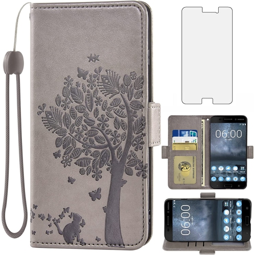 Compatible with Nokia 6 2017 Wallet Case and Tempered Glass Screen Protector Flip Purse Accessories Wrist Strap