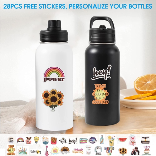 Insulated Water Bottle, 32oz Vacuum Stainless Steel Metal Sports Water Bottles with Stickers, Straw & Spout Lid (2