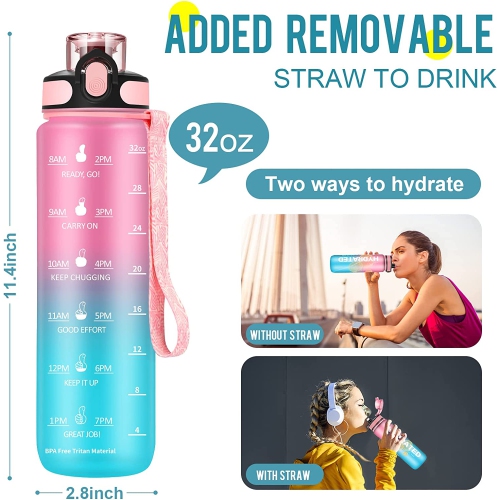 Bouteille d’eau motivationnelle de 32 oz avec paille, bouteille d’eau sport de 1000 ml avec marqueurs de l’heure, sports qui ne fuient pas