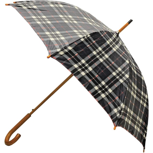 48129 – Parapluie classique à ouverture automatique avec poignée en bois véritable, motif écossais noir, 46 po