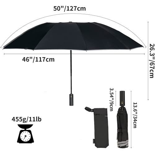 Grand parapluie inversé, inversé et repliable en hauteur pour la pluie, parasol de voyage de 50 po avec sécurité