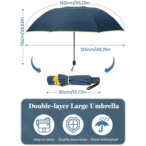 Parapluie de golf pliant très grand, imperméable, surdimensionné, aéré, avec auvent double