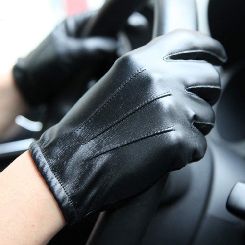 Gants pour écran tactile en cuir pour hommes Winter Driving Warm pour poignet, noir, grand