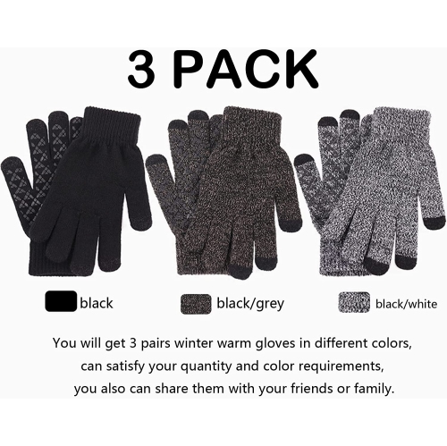 Winter Gloves for Women and Men 3 Pairs, Warm Lining Touchscreen Gloves, Anti Slip Knit Driving Gloves