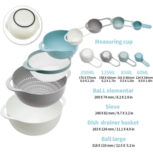 Plastic Mixing Bowls - Multicolored Mixing Bowl Set of 8, Nest for Easy Storage, inculding Measuring Cups, Colander,