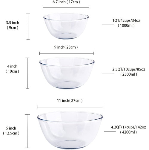 Glass Mixing Bowl Set for Baking 3-Piece Salad Bowl Set, High Brosilicate Large Bowls for Kitchen