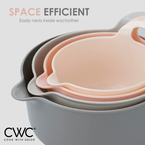 Mixing Bowls - 4 Piece Nesting Plastic Mixing Bowl Set with Pour Spouts and Handles