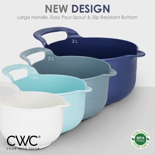 Mixing Bowls - 4 Piece Nesting Plastic Mixing Bowl Set with Pour Spouts and Handles