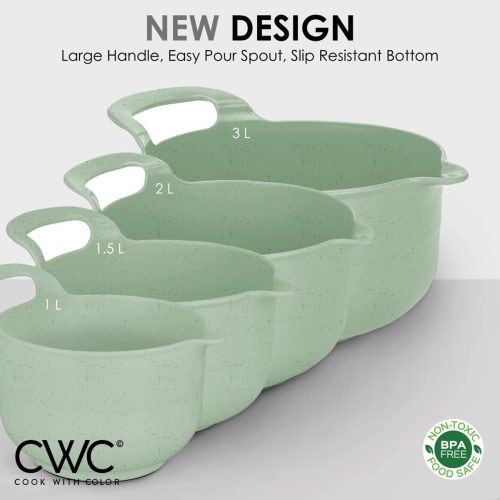 Mixing Bowls - 4 Piece Nesting Plastic Mixing Bowl Set with Pour Spouts and Handles