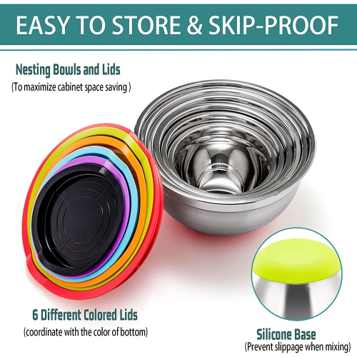 Mixing Bowls With Lids, Set of 6, Stainless Steel Nesting Mixing Bowls & Fitting Lids & Non-Slip Silicone
