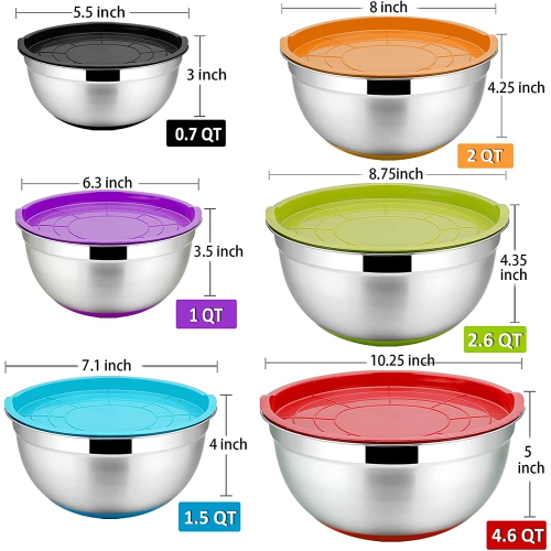 Mixing Bowls With Lids, Set of 6, Stainless Steel Nesting Mixing Bowls & Fitting Lids & Non-Slip Silicone