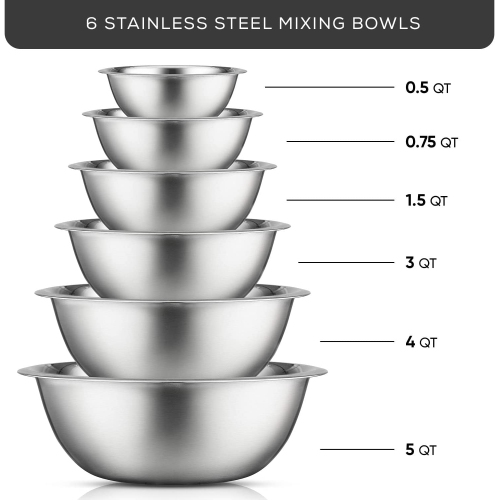 Stainless Steel Mixing Bowl Set of 6 Mixing Bowls. 5qt Large Mixing Bowl to 0.5qt Small Metal Bowl. Kitchen,