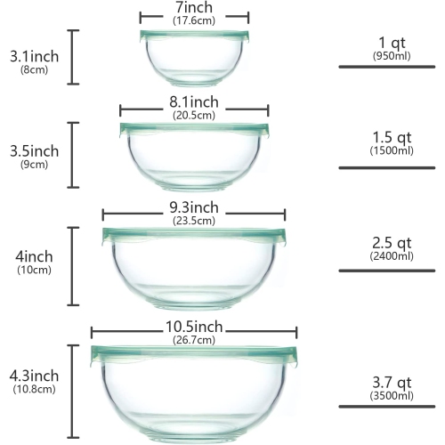 Glass Mixing Bowl Set(3.7QT,2.5QT,1.5QT,1QT),Large Salad Bowl with Lids,Kitchen Nesting Bowls for Baking