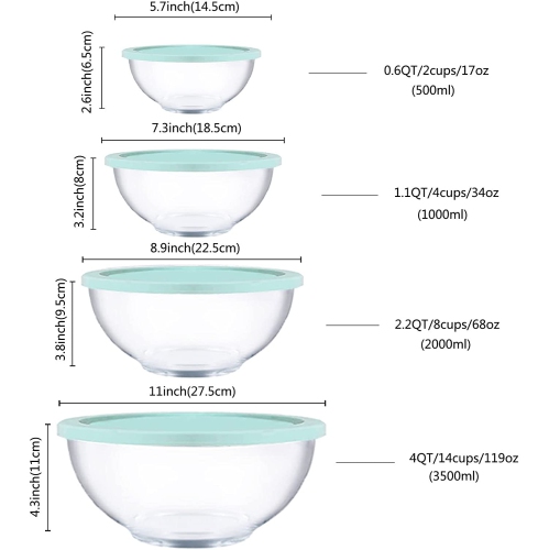 Glass Mixing Bowl Set with Lids, 4 Pieces Glass Salad Bowl Set with Lids High Brosilicate