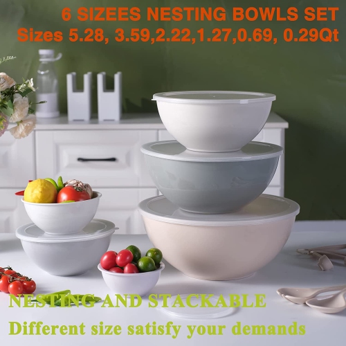 Mixing Bowls with Airtight Lids, 18 Piece Plastic Nesting Bowls Set Includes Measuring Cups, Microwave Safe