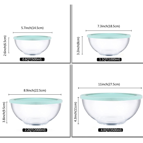 Glass Mixing Bowl Set of 4 with Airtight Lids for Kitchen Baking, Prepping, Serving,Cooking 0.6QT, 1.1QT, 2.2QT, 4QT